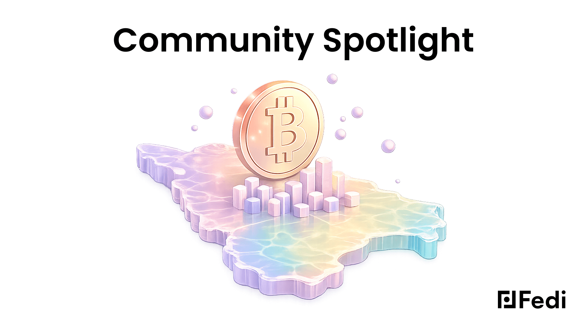 Fedi Community Spotlight – Bitcoin coin rising above a 3D map of Bolivia with growth chart bars, representing Bitcoin adoption in Bolivia