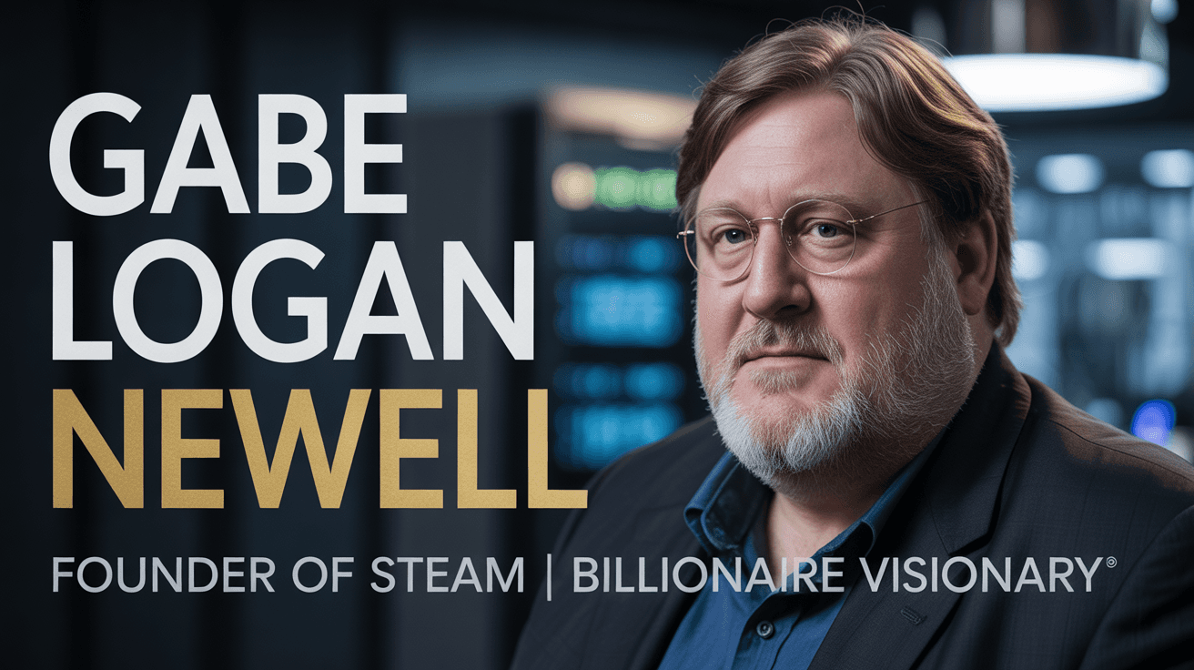 Portrait of Gabe Newell in a dark tech interior with Founder of Steam Billionaire Visionary text