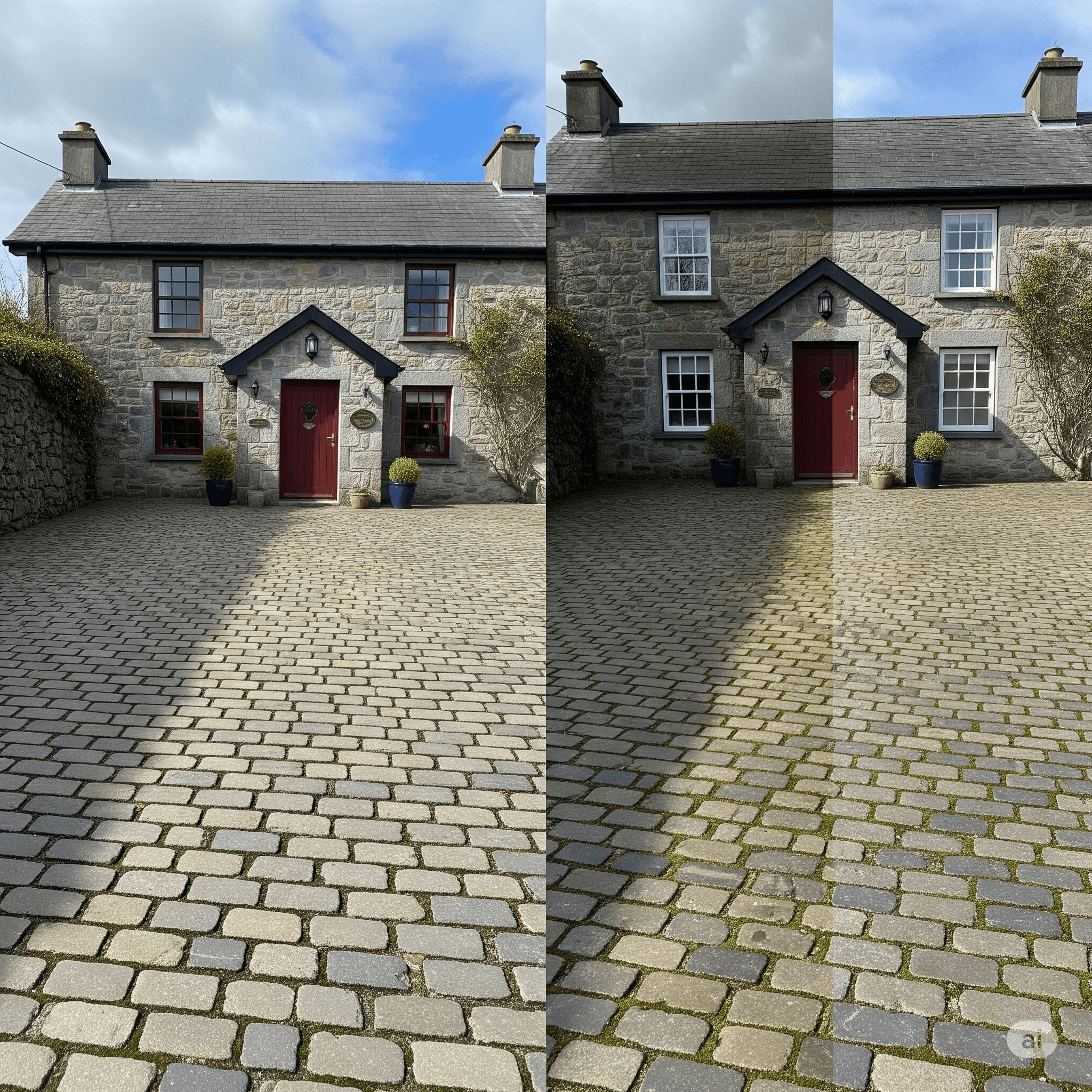 A Before and After for a Driveway and house Power Washing
