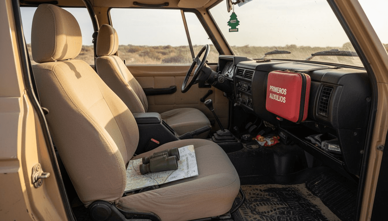 Vista detallada del interior y el equipamiento de un vehículo 4x4 de safari