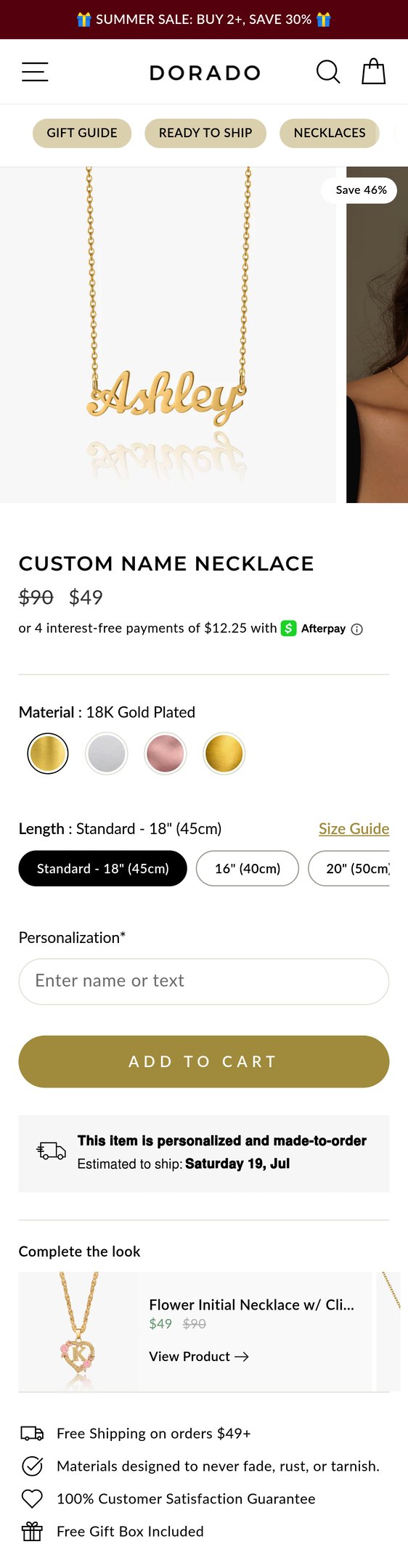 Jewelry product options include: necklace for Custom Name Necklace from DORADO.