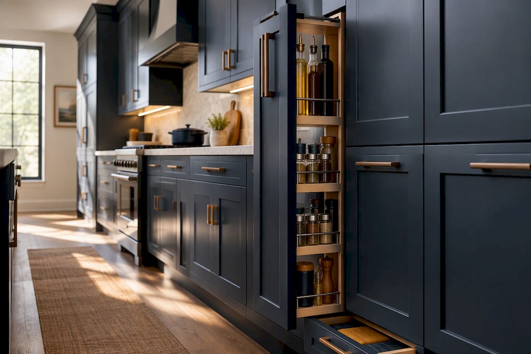 Vertical pull-out and toe-kick kitchen storage