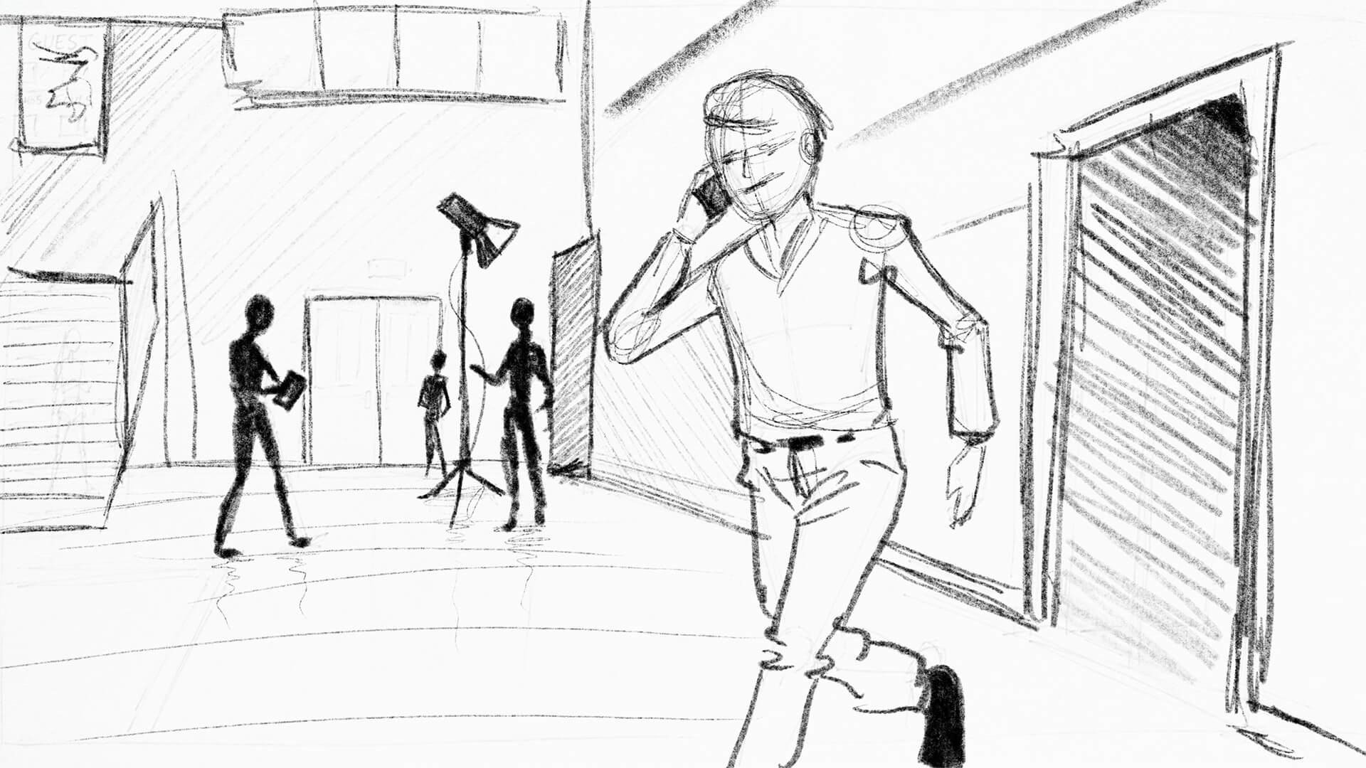 Storyboard sketch for the Captura product video showing a photographer rushing through a school gymnasium during picture day, establishing the operational chaos of the opening sequence.