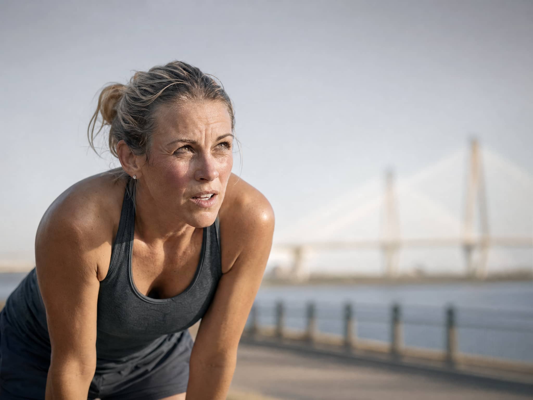 Fit woman in her 40s pausing mid-run on the Mount Pleasant waterfront trail, hands on knees, looking exhausted despite being in shape — hormone imbalance symptom illustration for Hero Health & Hormone