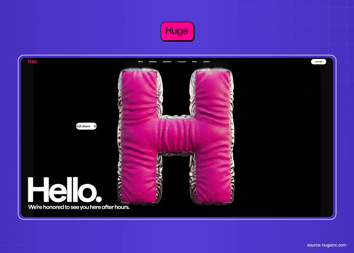 Huge creative agency website featuring a large glossy pink letter H on a black background with the greeting “Hello.”
