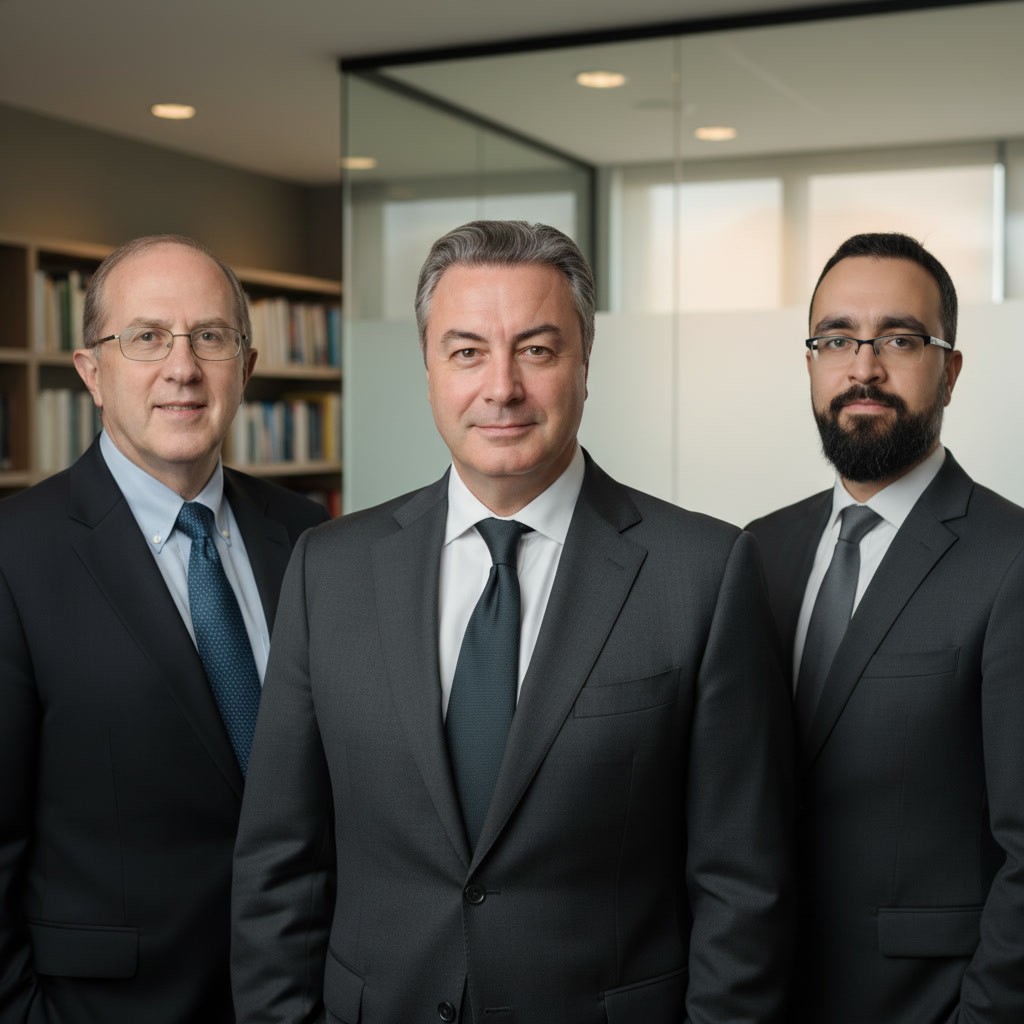 Group of professionals in business attire standing in a modern office.