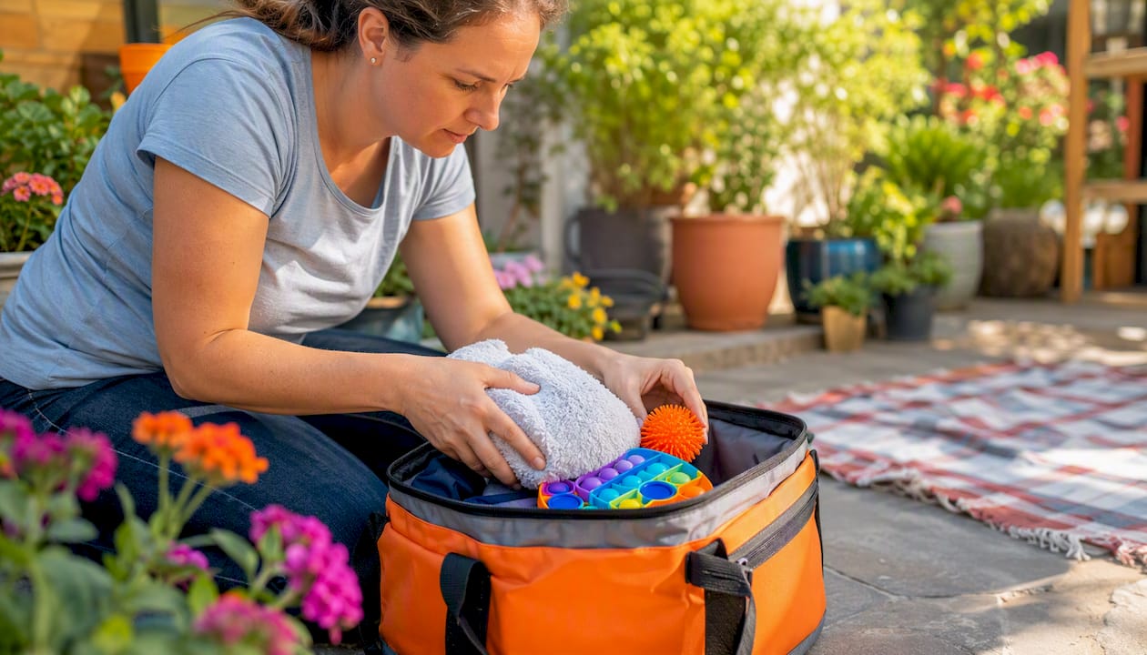 Caregiver packing a bag of sensory toys outdoors in a garden