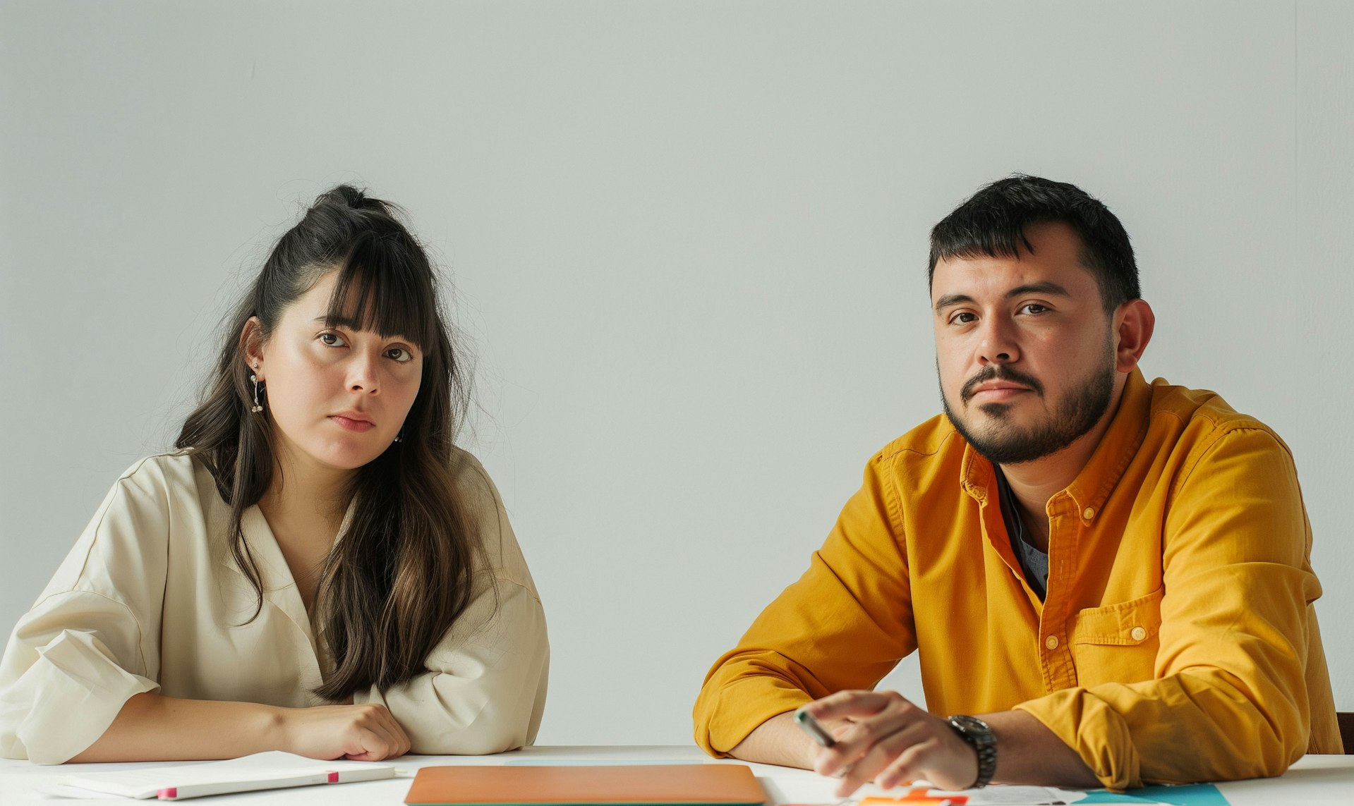 The image features a young woman and man sitting at a table, presumably engaged in a serious discussion or a collaborative task.