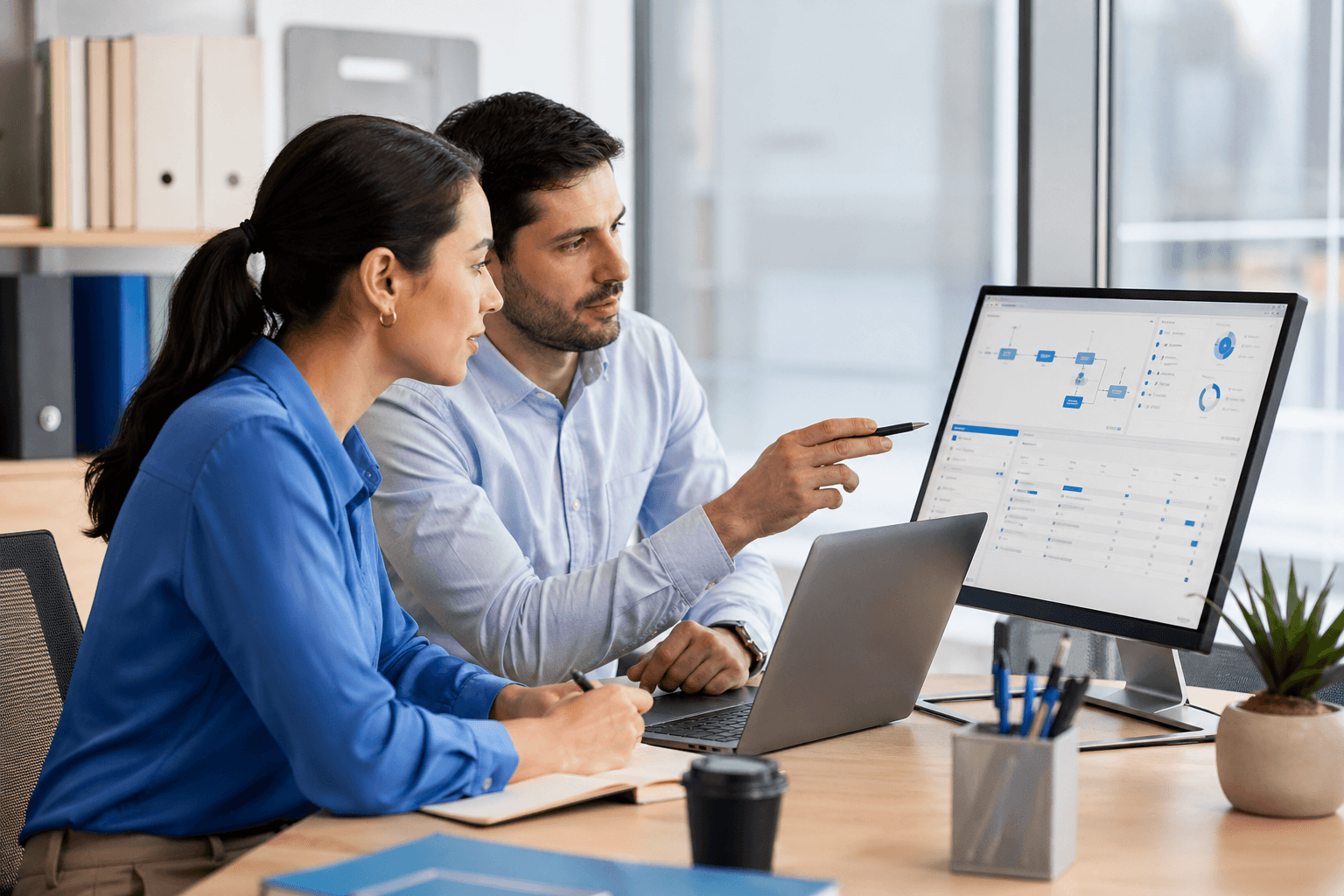 Two coworkers collaborating on organized workflow tasks in a modern office.