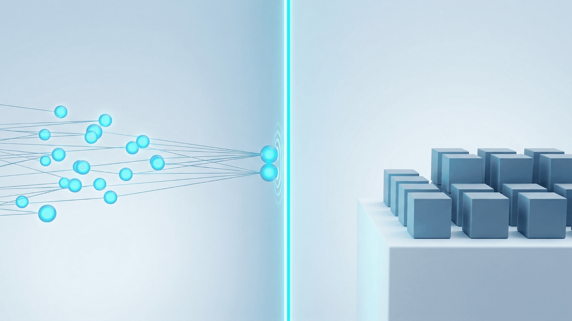 シアンブルーの垂直な光の境界線が空間を分断し、左側から近づくAIエージェントが境界線で停止させられる様子を描いた、Perplexity訴訟で引かれた法的境界を象徴する3Dコンセプトイラスト