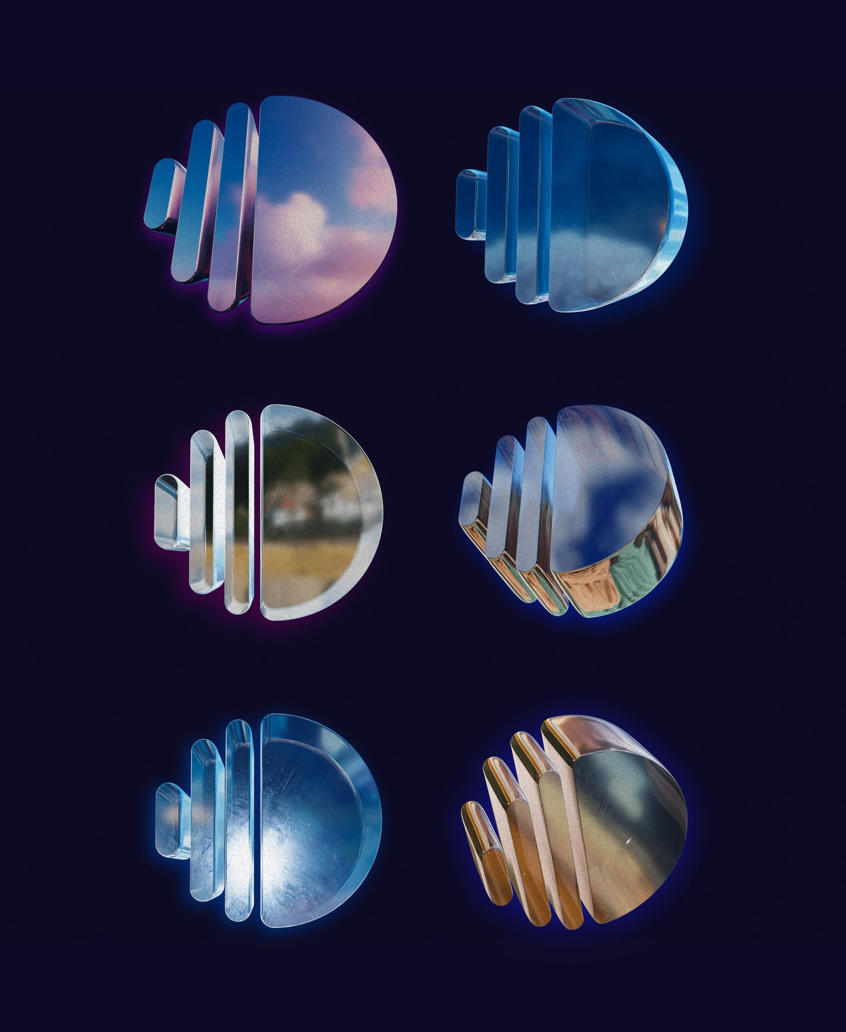 A grid of six circular images featuring various landscapes and architectural elements against a dark background.