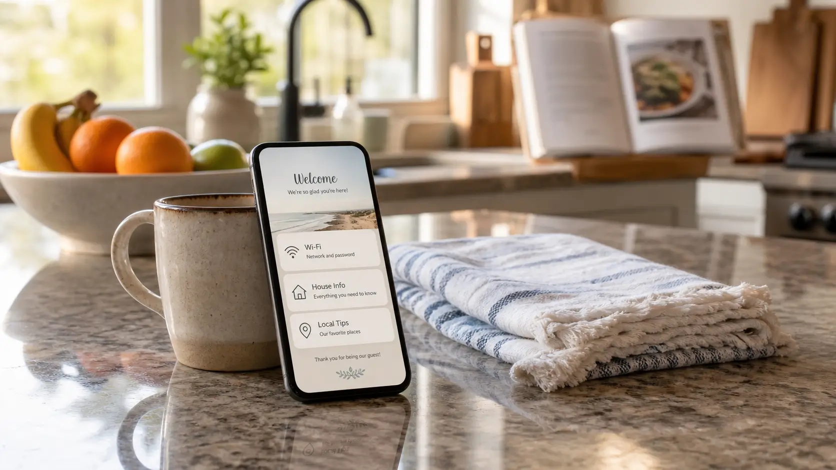 Smartphone on a kitchen counter showing a digital vacation home guest book