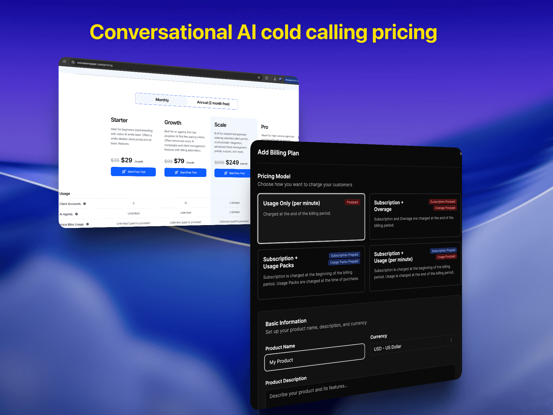 AI cold calling pricing page showing Starter, Growth, Scale, Pro tiers with billing plan configuration modal and pricing models | VoiceAIWrapper