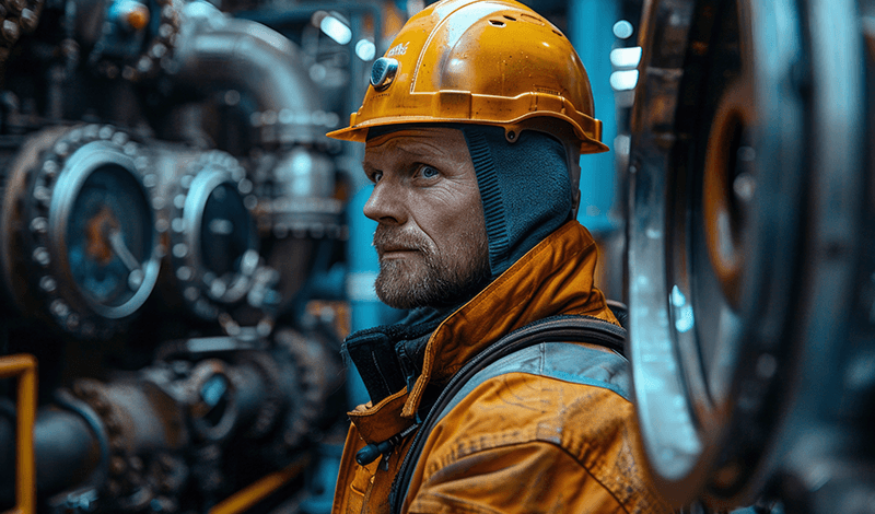 A worker in an orange safety jacket and helmet stands in an industrial environment, surrounded by complex machinery and metallic components.