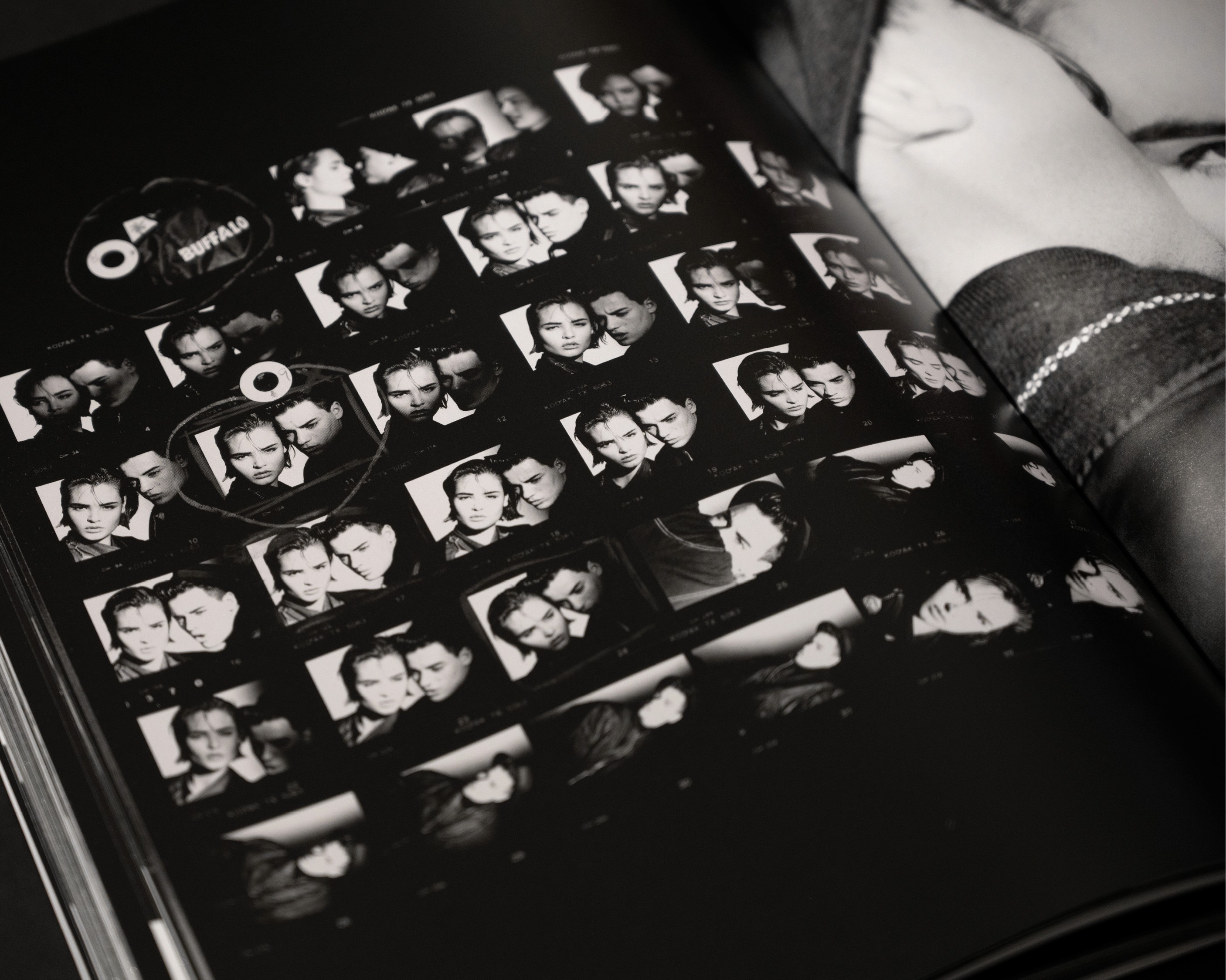 A close-up of a contact sheet featuring Nick Kamen and Talisa Soto.