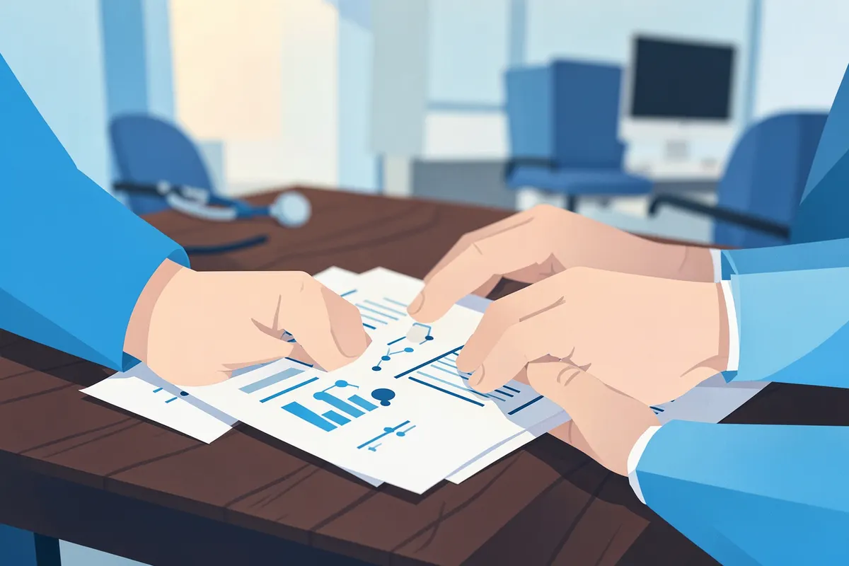 A doctor analyzing charts and graphs on a desk.