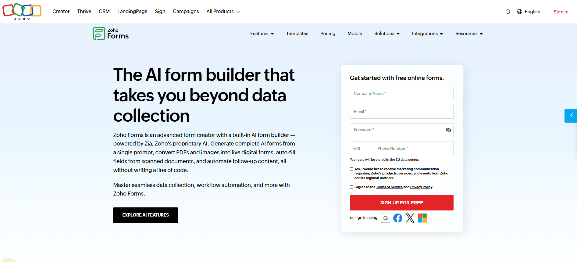 Zohoforms homepage