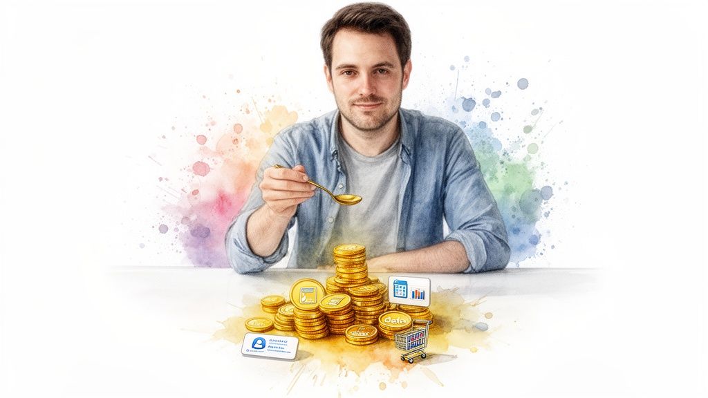 A man holds a spoon over a stack of gold coins, representing financial data and business analytics.