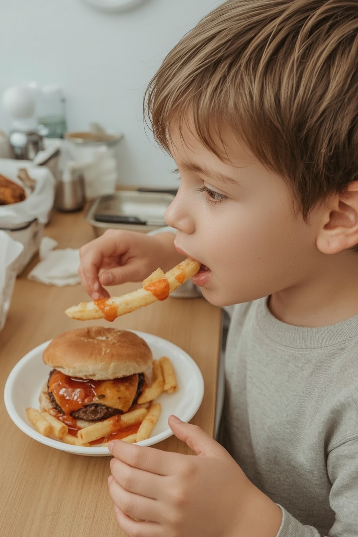 Kind isst Burger mit Pommes.