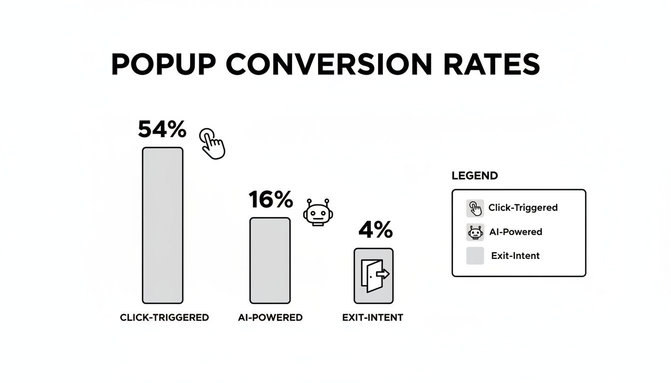 Bar chart comparing popup conversion rates: Click-Triggered at 54%, AI-Powered at 16%, and Exit-Intent at 4%.