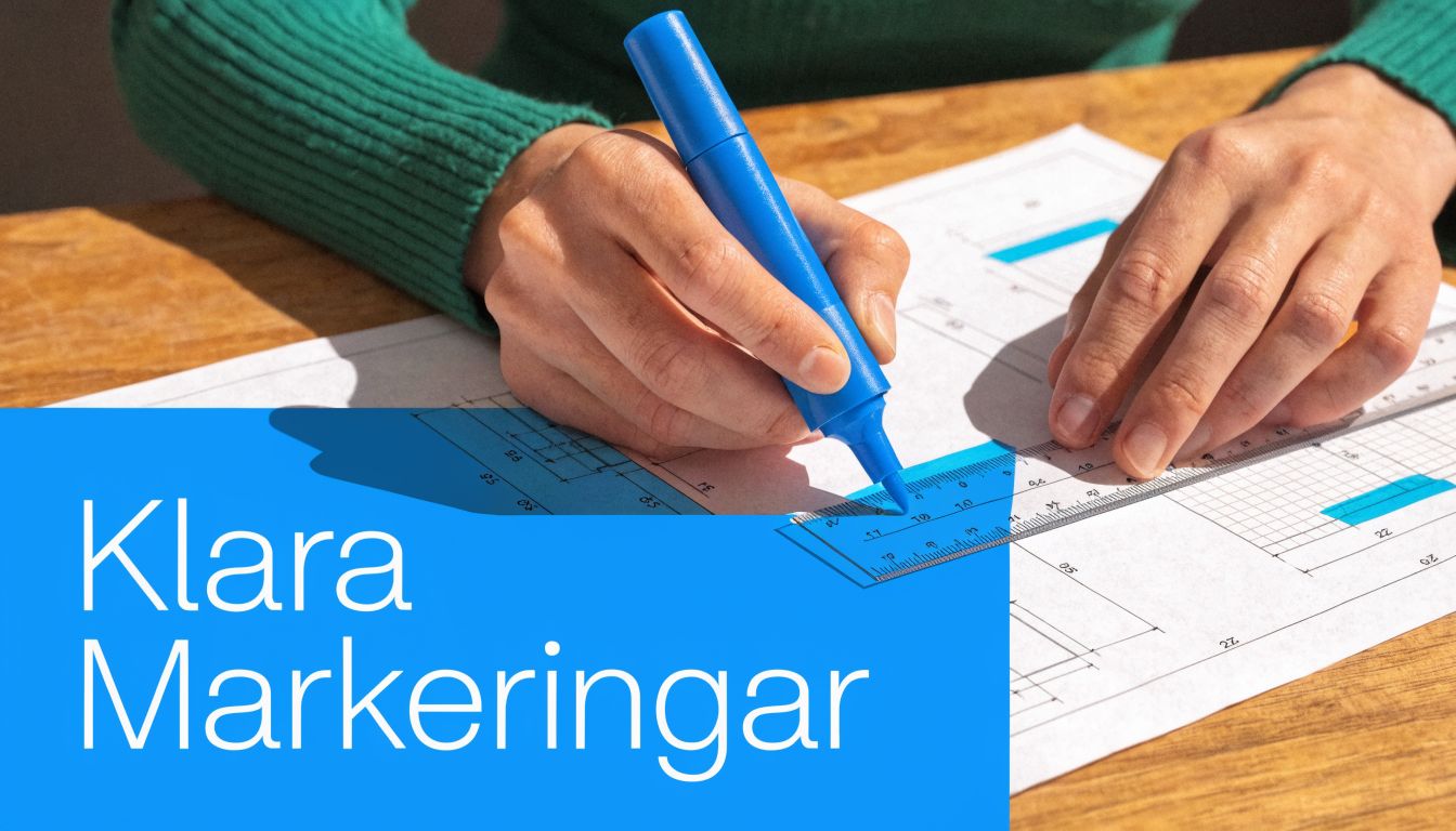 En person markerar på en ritning med en blå märkpenna och en linjal på ett skrivbord.