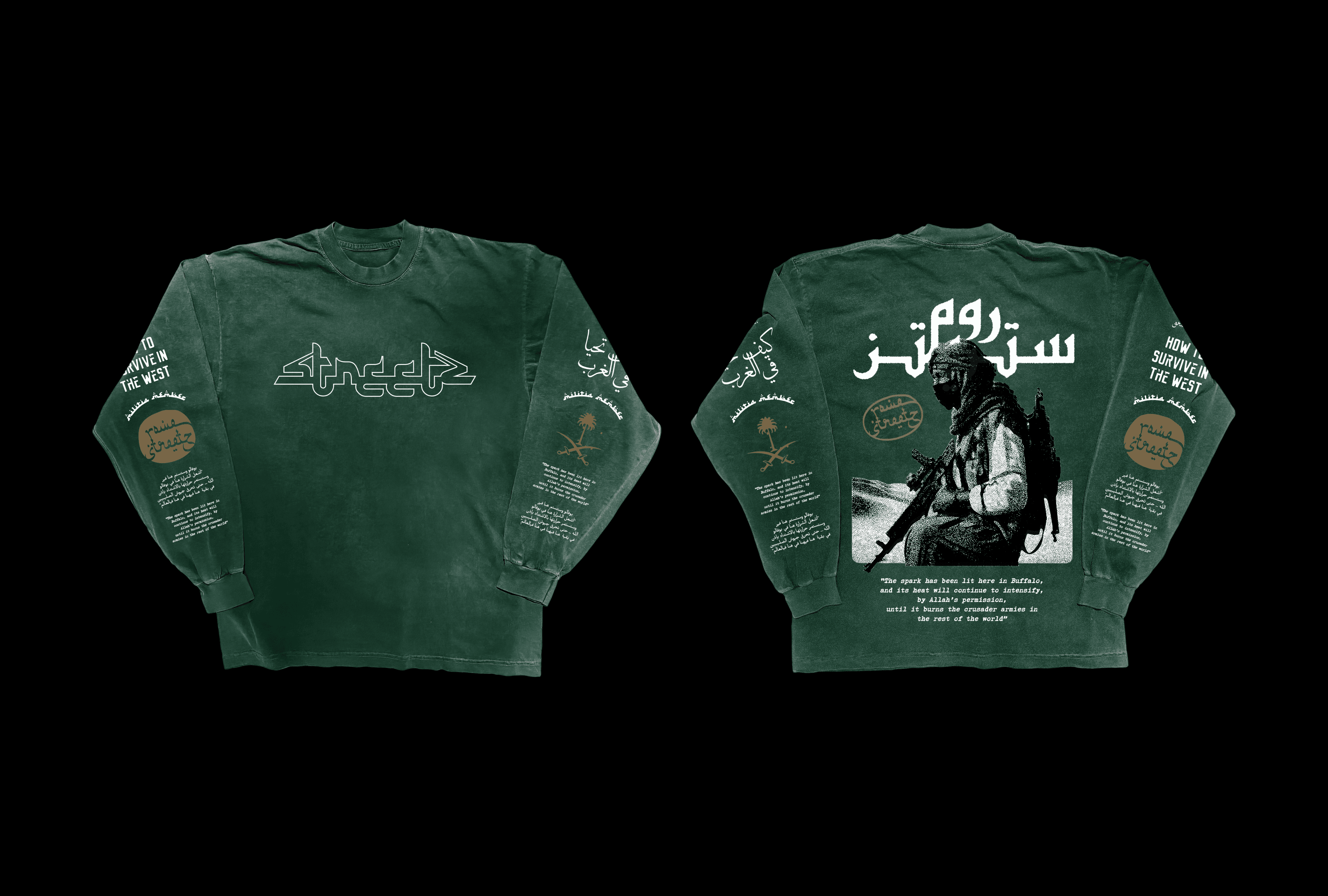 both sides of the design on a long sleeve green shirt