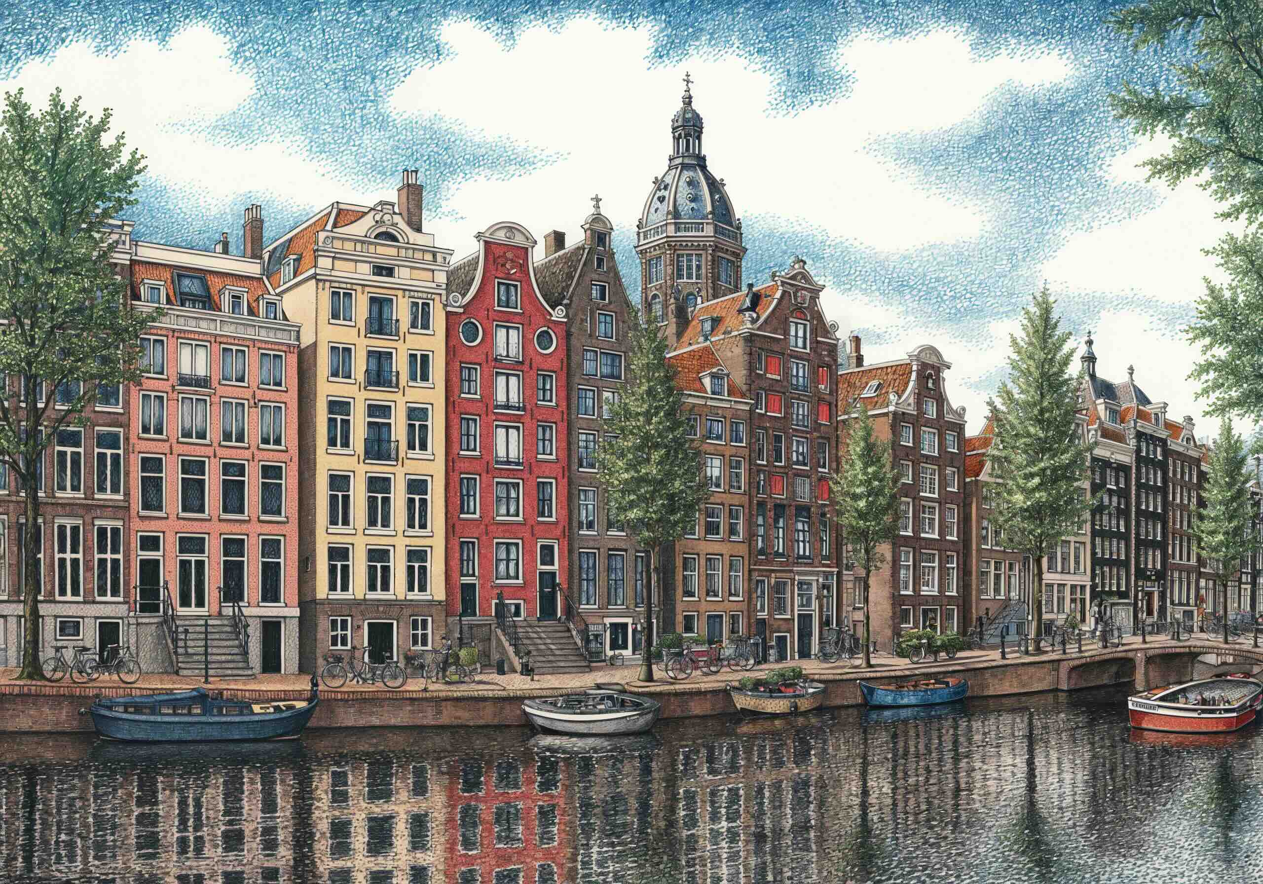A detailed illustration of Amsterdam, featuring colorful canal houses, boats floating on the water, bicycles along the streets, and a historic church tower in the background.