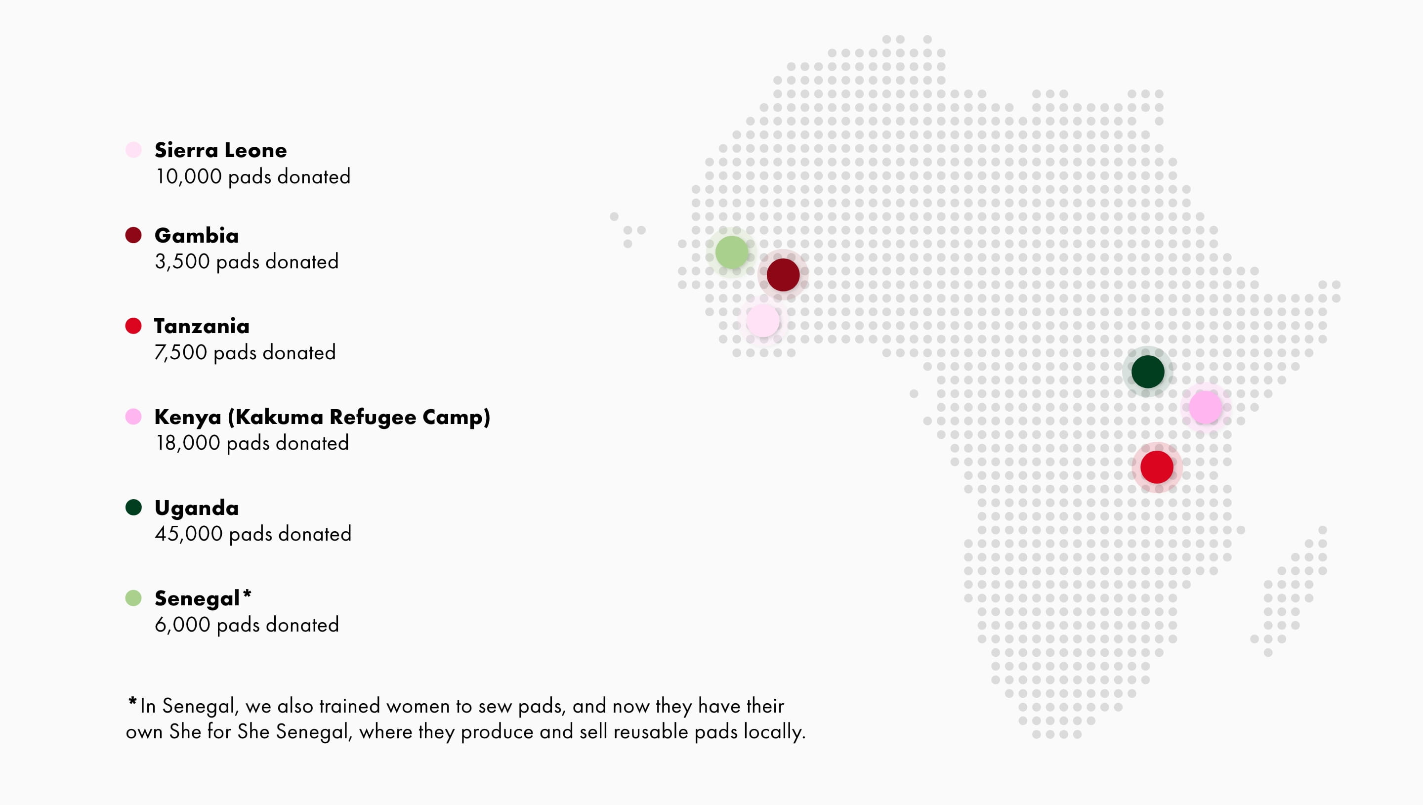 Map illustration highlighting the countries that have received pad donations.