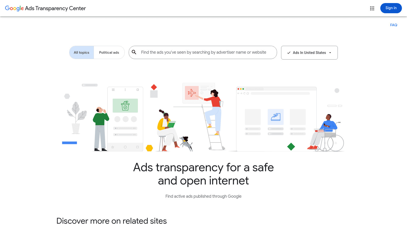 The Google Ads Transparency Center homepage features a search bar for finding advertisements across various regions.