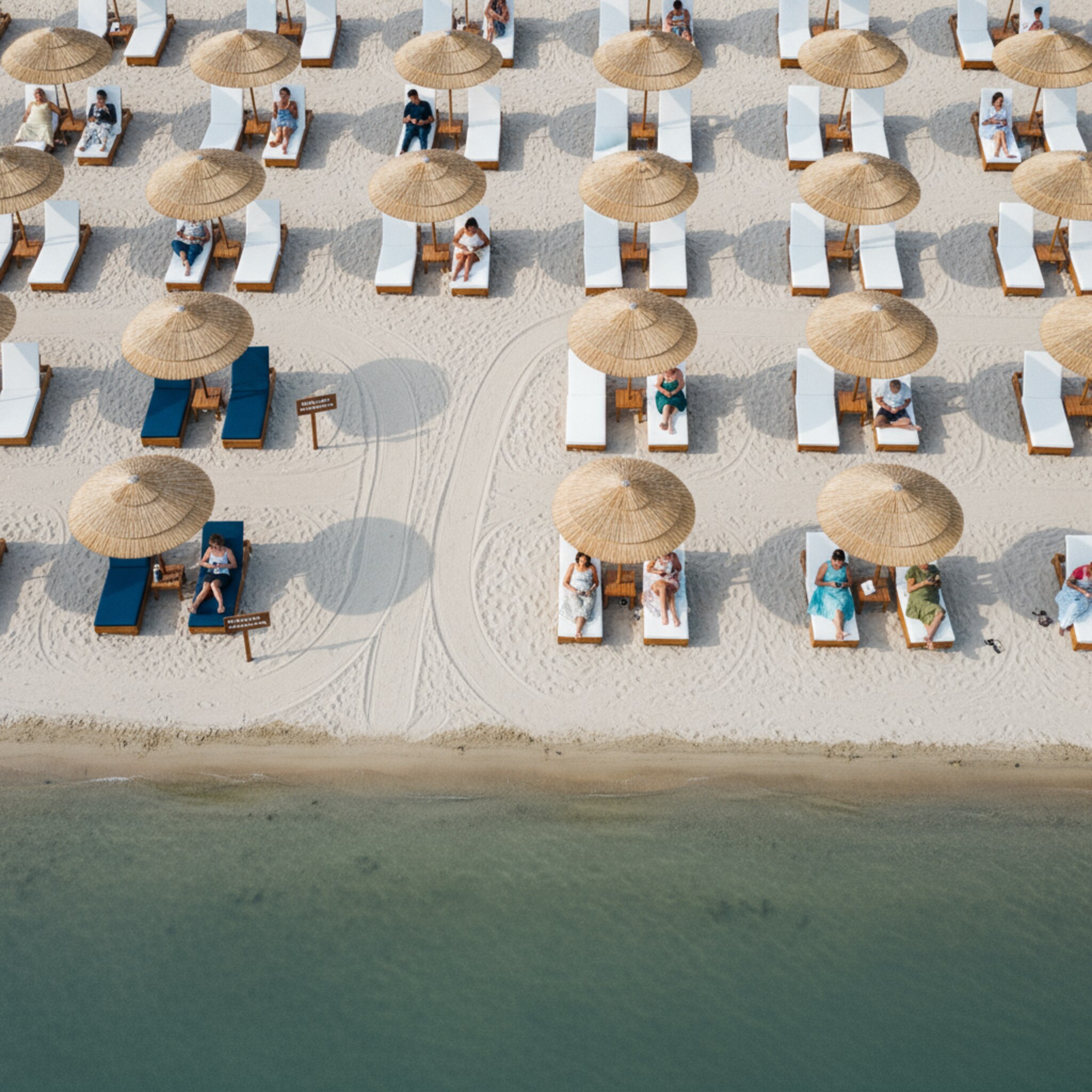 Von oben sind Reihen aus Liegen und Strohschirmen zu sehen, dazwischen verlaufen klare Wege. Ein Bereich mit mehr Abstand ist sichtbar für barrierefreie Plätze. Die Lichtstimmung ist hell und freundlich, der Strand wirkt strukturiert.