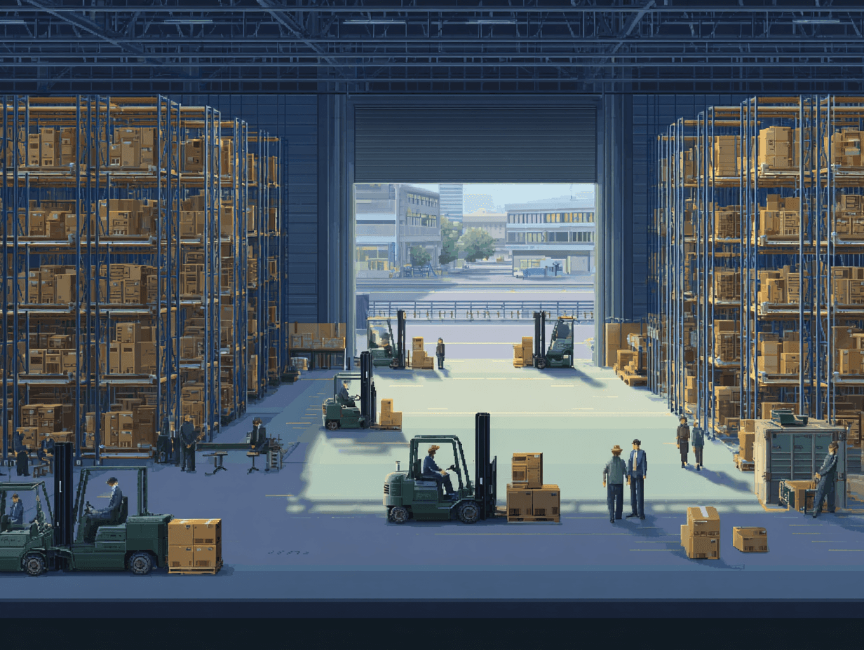 Pixel art of the interior of a large warehouse.