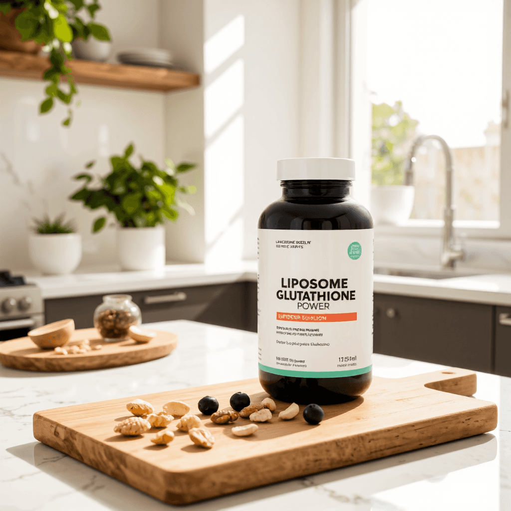 product photography of bottle of liposome glutathione power supplement