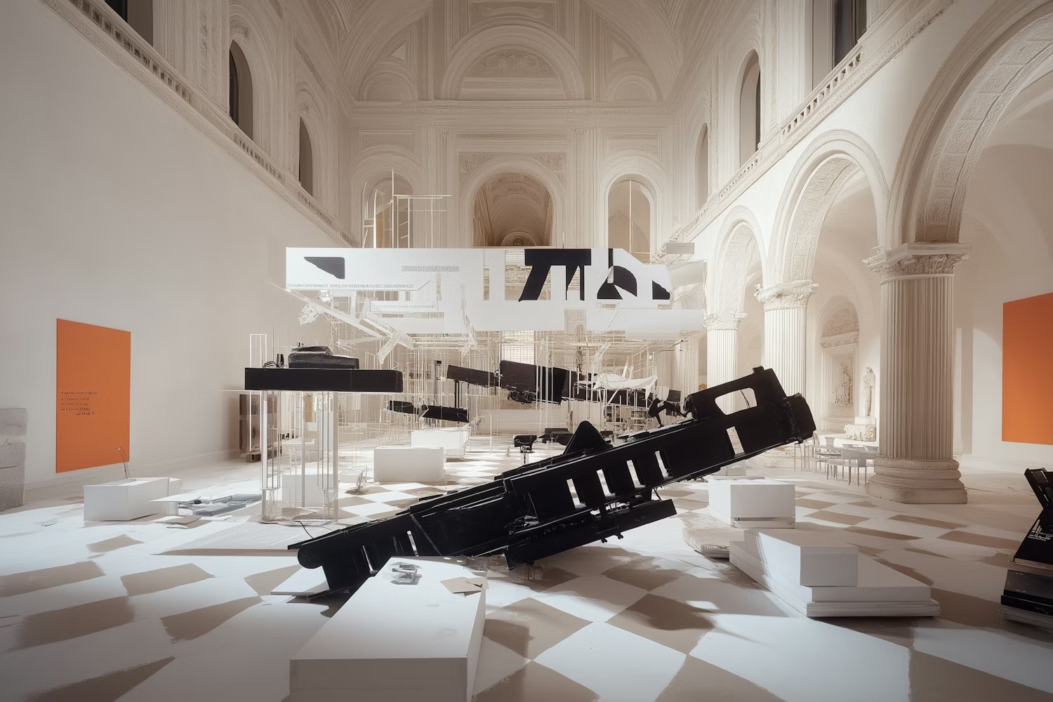 a large room with a skylight and a table in the middle