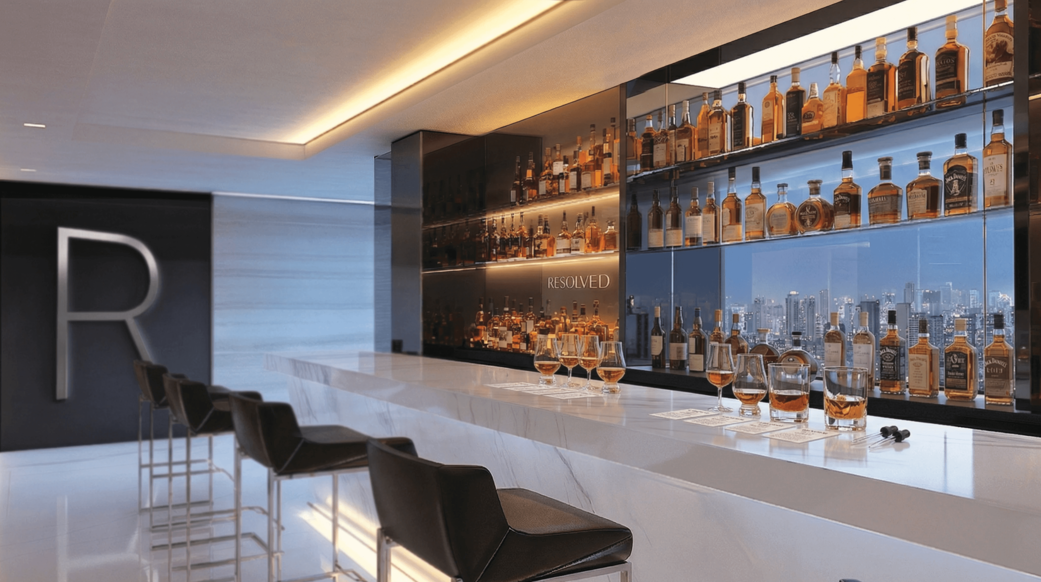 A sleek, modern bar with a marble countertop, featuring an array of liquor bottles on glass shelves, with large windows offering a panoramic city view.