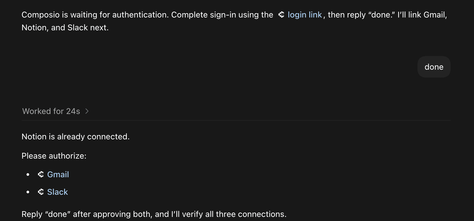 After Composio is connected, the skill lets you authorize your apps with a few clicks