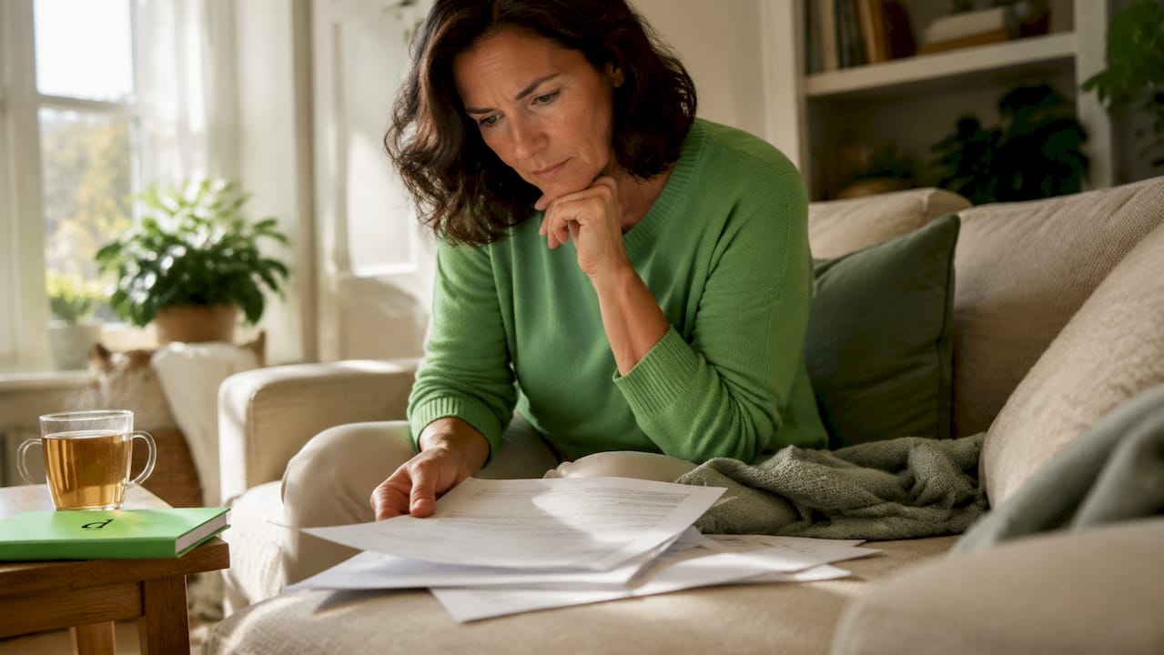 Woman reviewing divorce documents at kitchen table