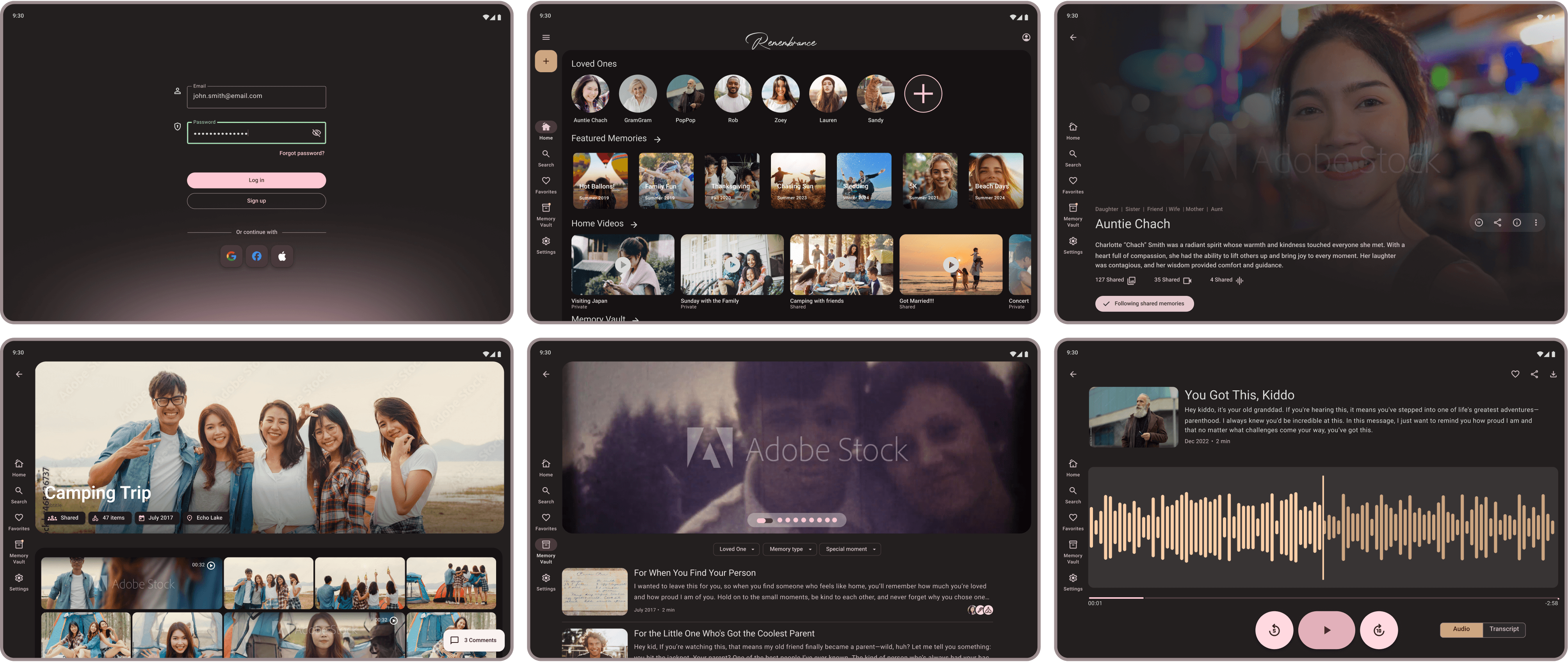 Digital wireframes for the Remembrance app featuring high-fidelity elements like photos, audio players, and a candle-lit login screen on a dark UI.