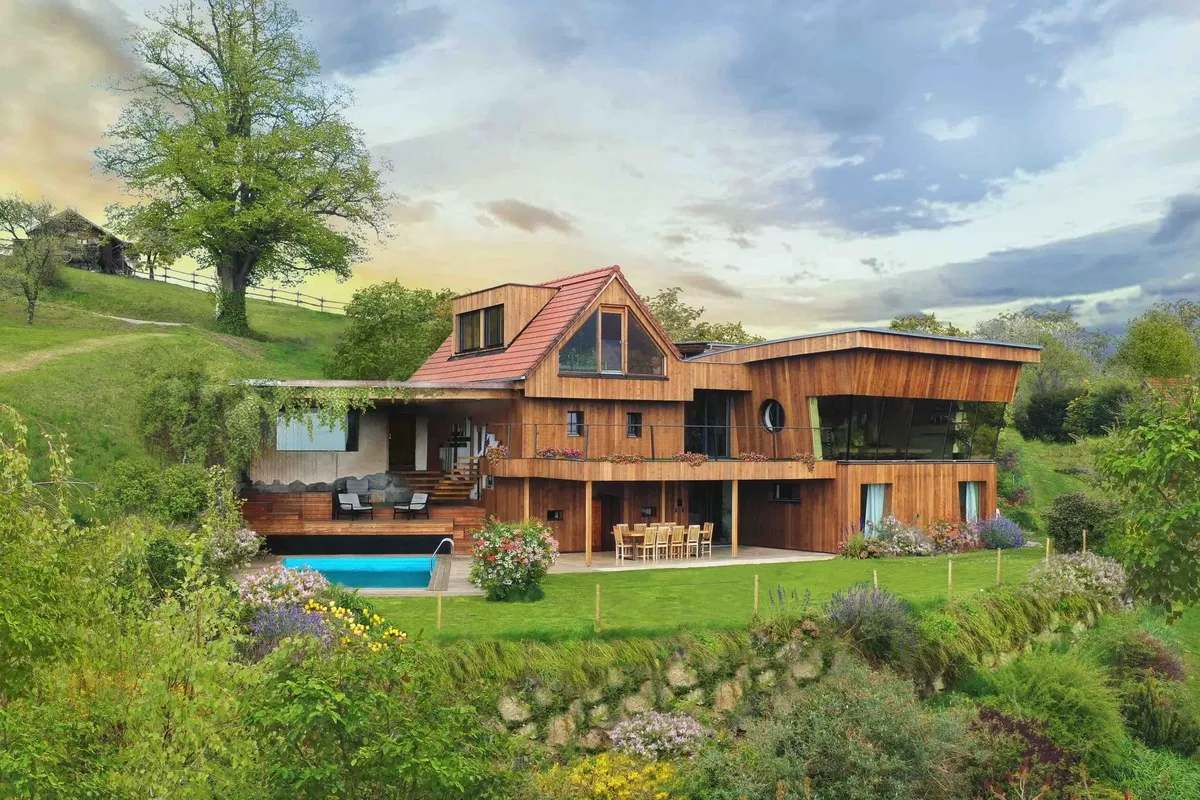 Schmolti's Chalet mit Holzfassade, Garten und Pool am Hang über der Weinitzer Landschaft