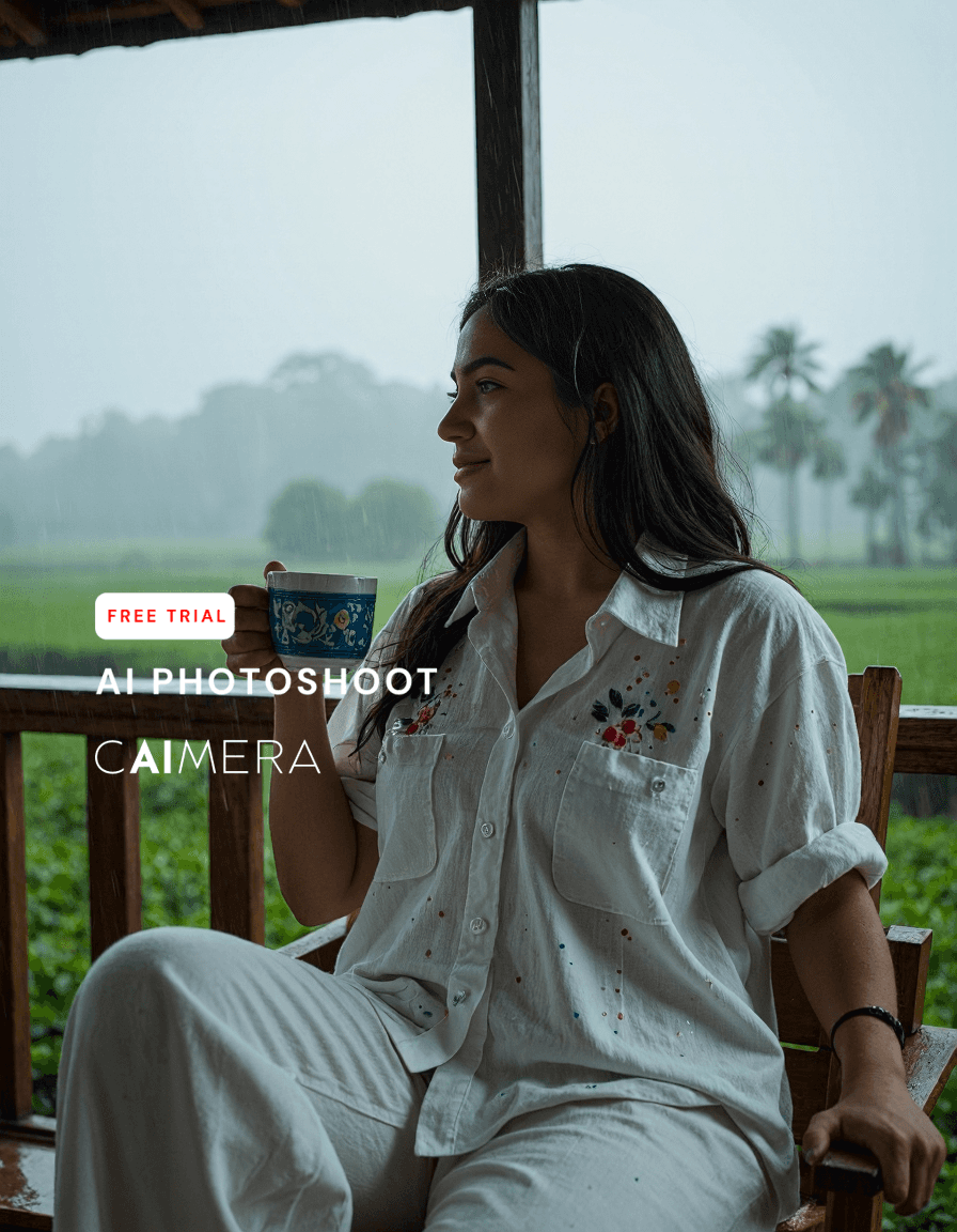 Person in white embroidered shirt enjoying tea on wooden porch overlooking misty green rice fields and palm trees in tropical setting
