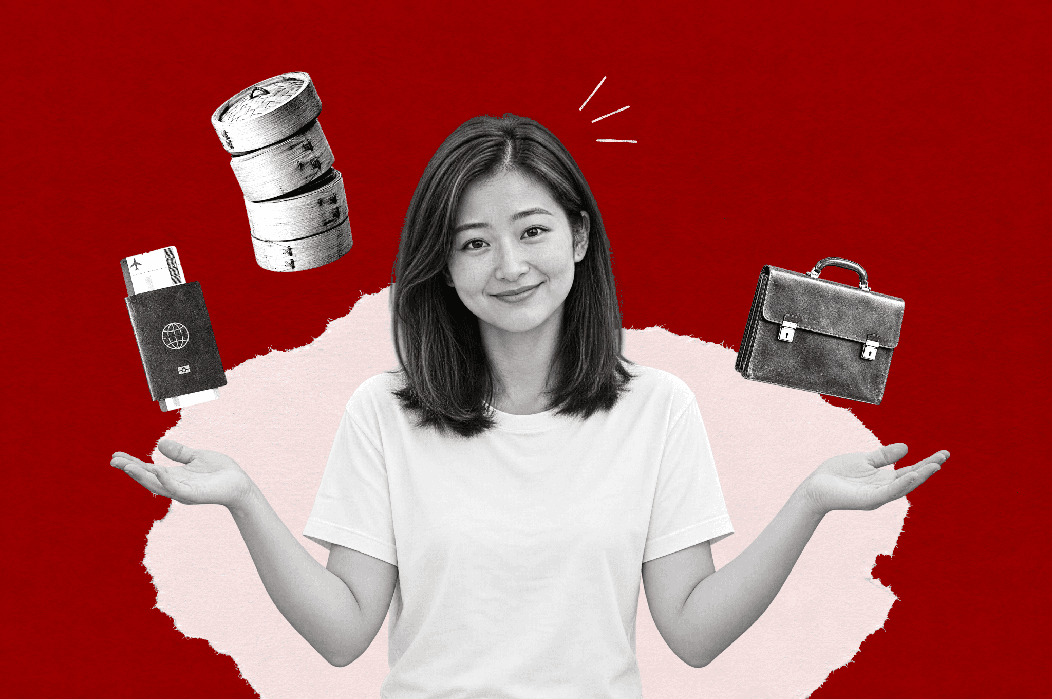 A woman choosing between Cantonese learning pathways, with a passport, dim sum baskets and a briefcase on a textured red background.