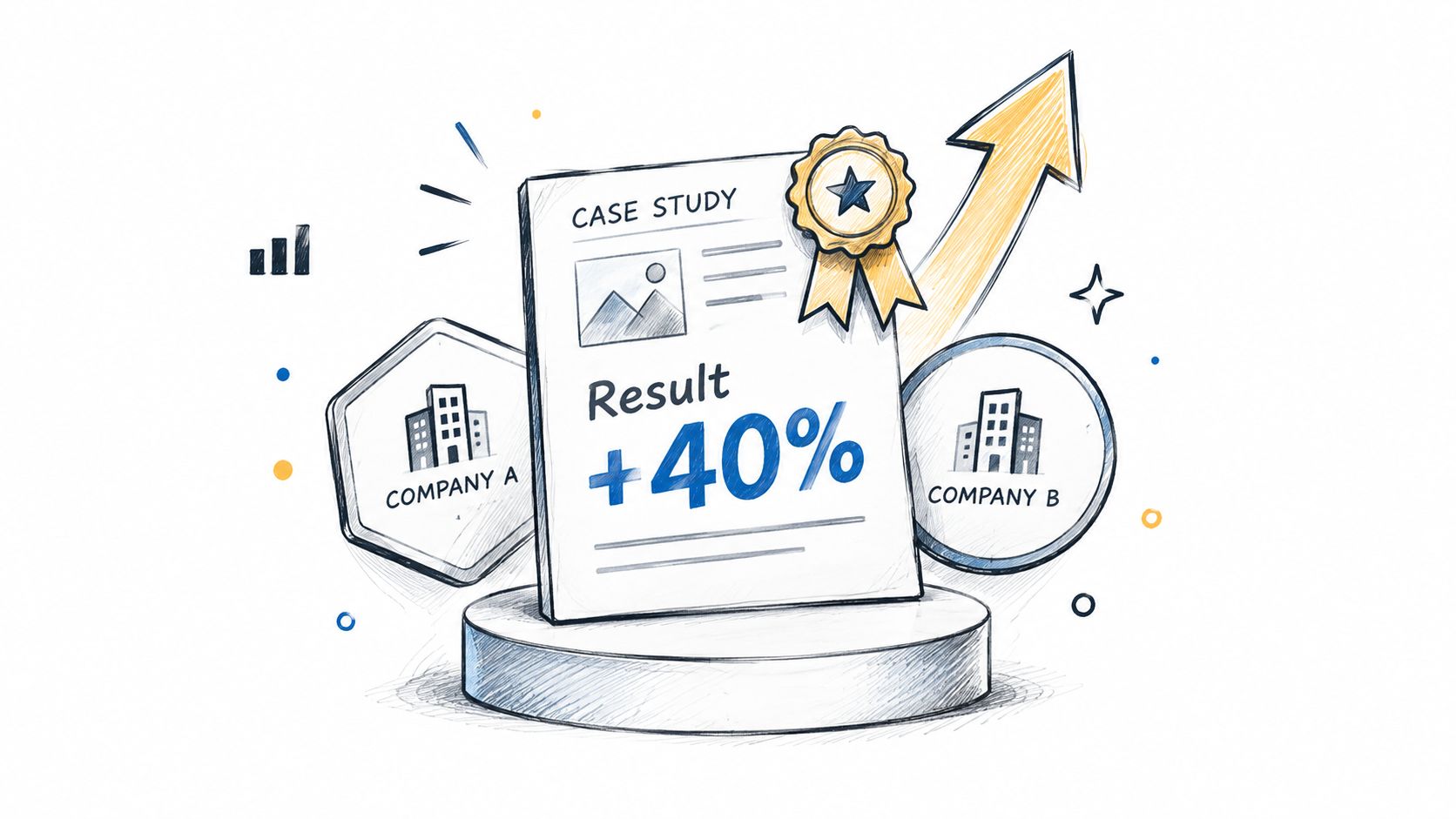A hand-drawn illustration showing a case study document featuring a 40 percent results increase on a pedestal.