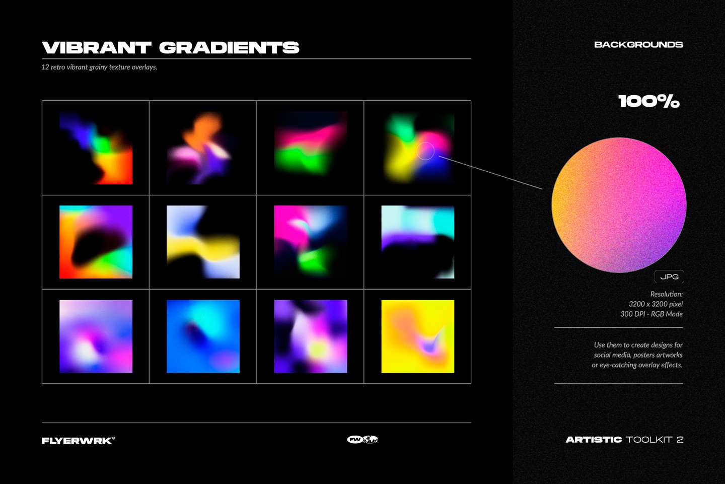 Artistic Toolkit 2 vibrant grainy gradient backgrounds with neon color transitions