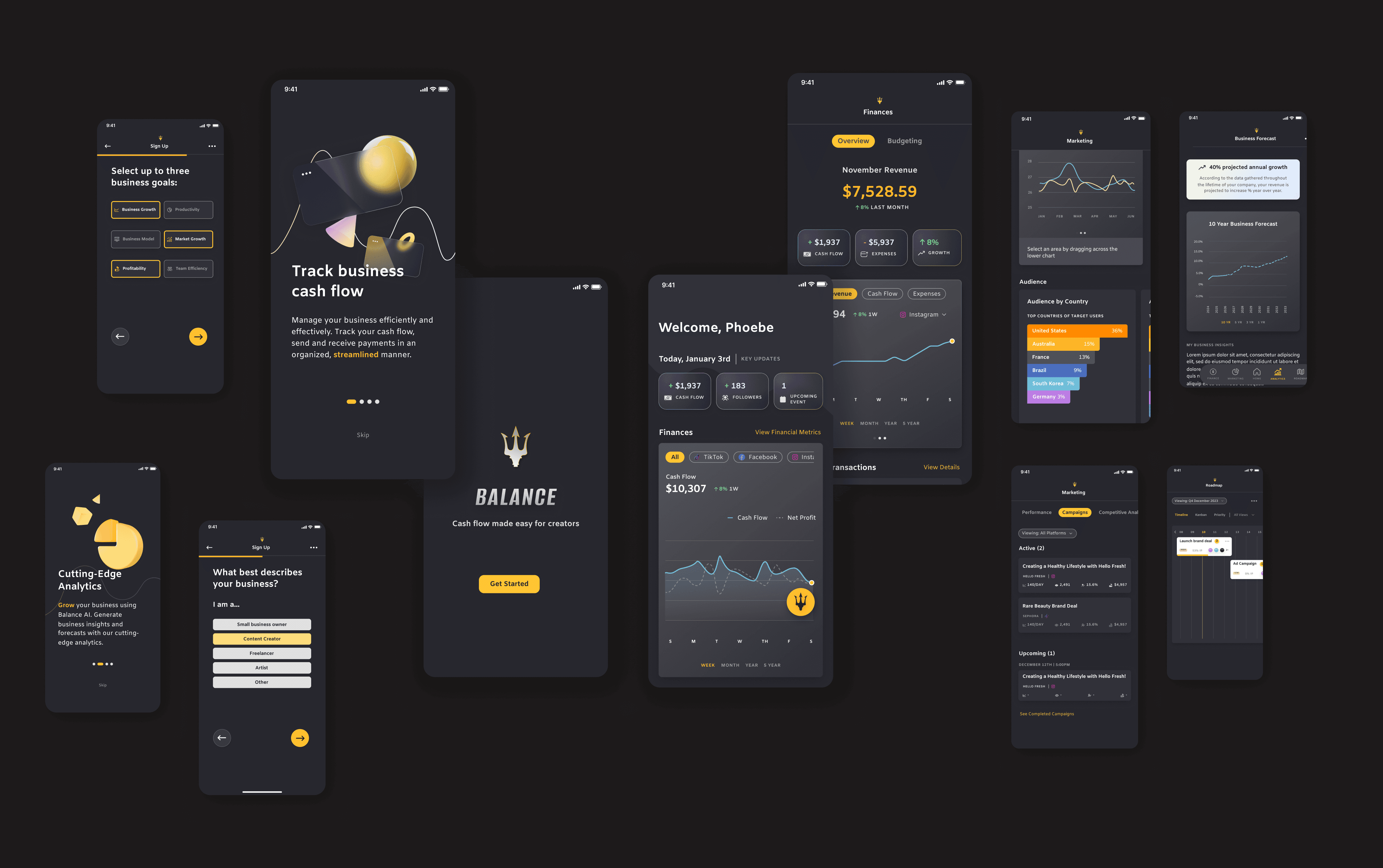 A collection of 12 main mock-ups of the Balance mobile app.