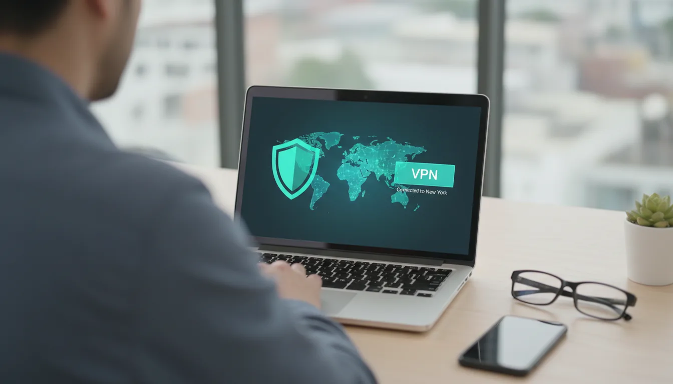 DSLR photograph from an over-the-shoulder perspective of a man using a modern silver laptop on a light-colored wood desk. The screen is the primary focus, displaying a VPN software connection interface with a teal shield icon against a world map background and a "VPN" button switched on. On the desk, a pair of black-framed glasses, a smartphone, and a small potted succulent plant are visible. The scene is shot with a shallow depth of field under soft natural daylight, leaving the man's shoulder and the background in a soft blur.