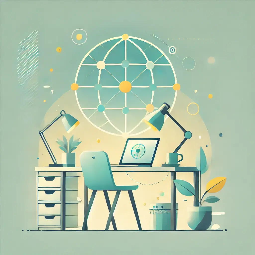 DALL·E 2025-01-10 13.14.51 - A minimalist digital illustration representing remote work and future office concepts, using teal, yellow, and soft gray colors from the Remote Tech W