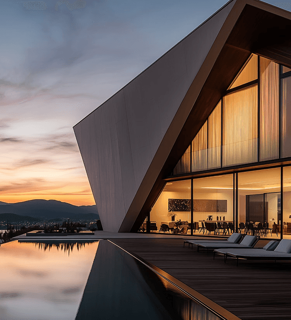 A v-shaped arhitectural design with yellow lightings and sunset aesthetic