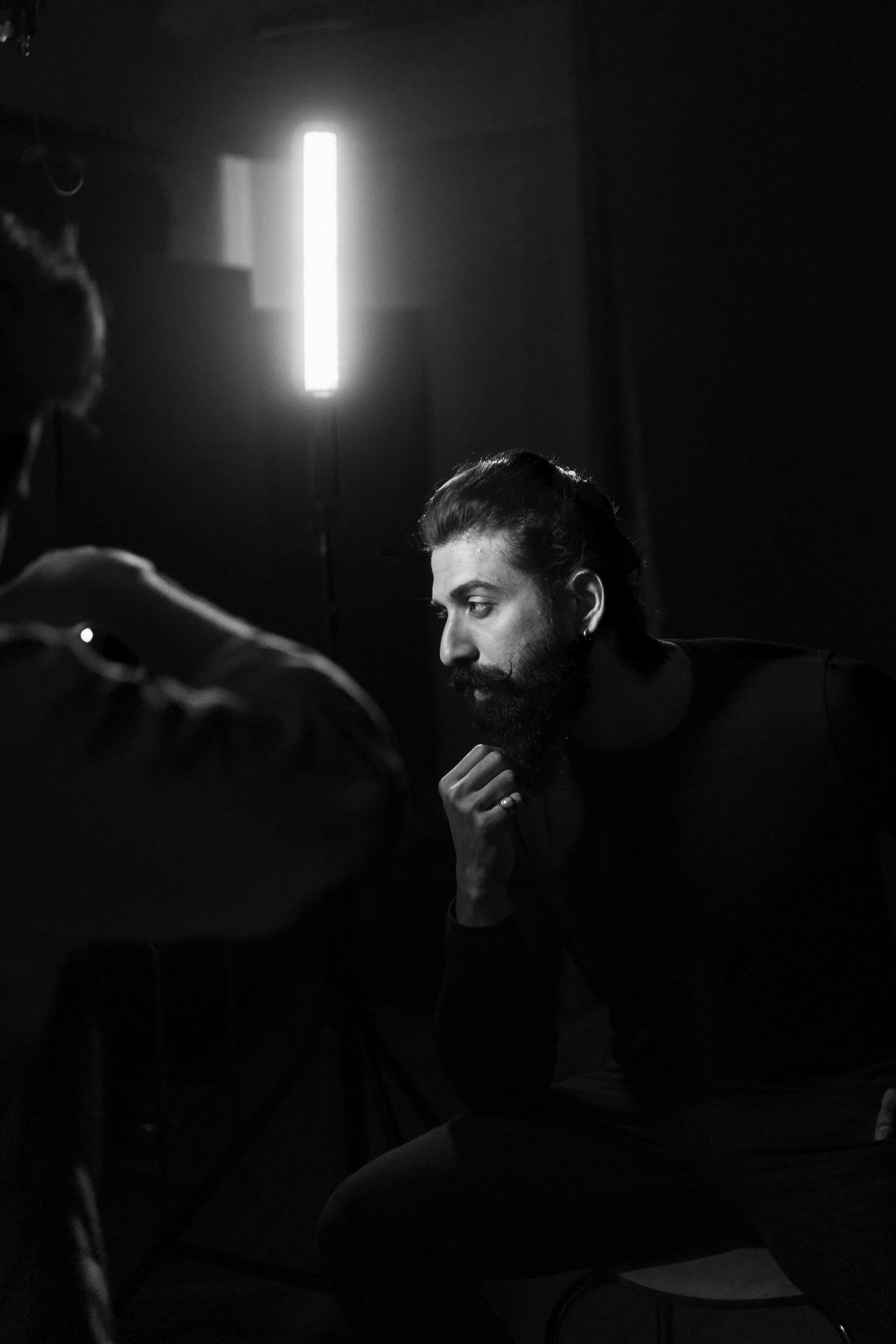grayscale photography of man