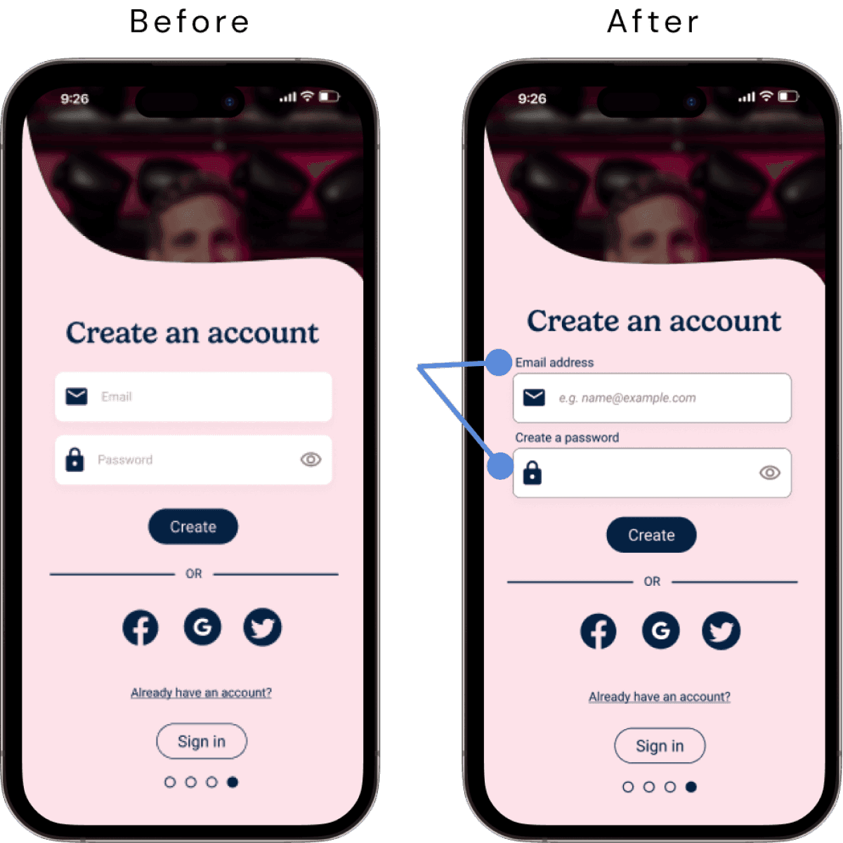 Before and after designs of onboarding screen illustrating accessibility improvements