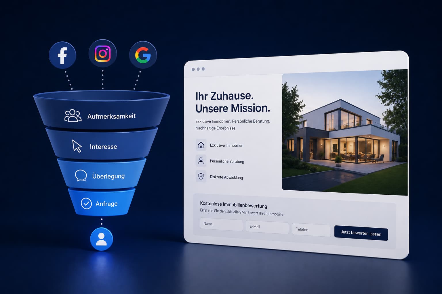 Grafische Darstellung zu Funnel und Landingpages mit Leadgenerierung, Sales Funnel, Ads Landingpages, Conversion Optimierung, Anfrageprozessen und A B Testing.