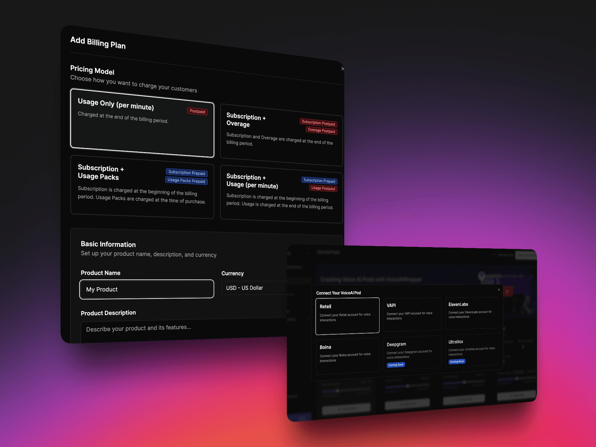 AI voice agent white label platform. VoiceAIWrapper billing plan configuration interface with flexible pricing models and multi-provider AI voice integration | VoiceAIWrapper
